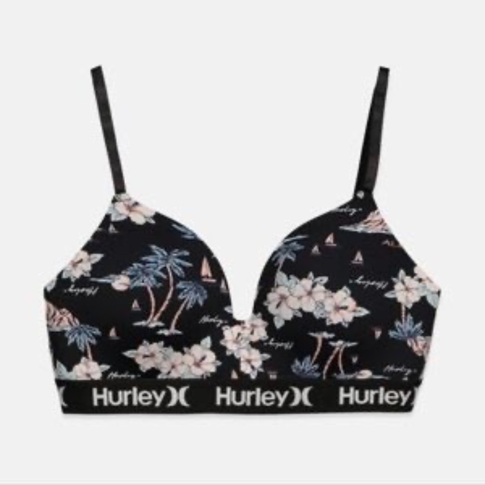 Hurley. Non-Wired Padded Printed T-shirt Bra in Island Spirit. Sz 36B, Like New